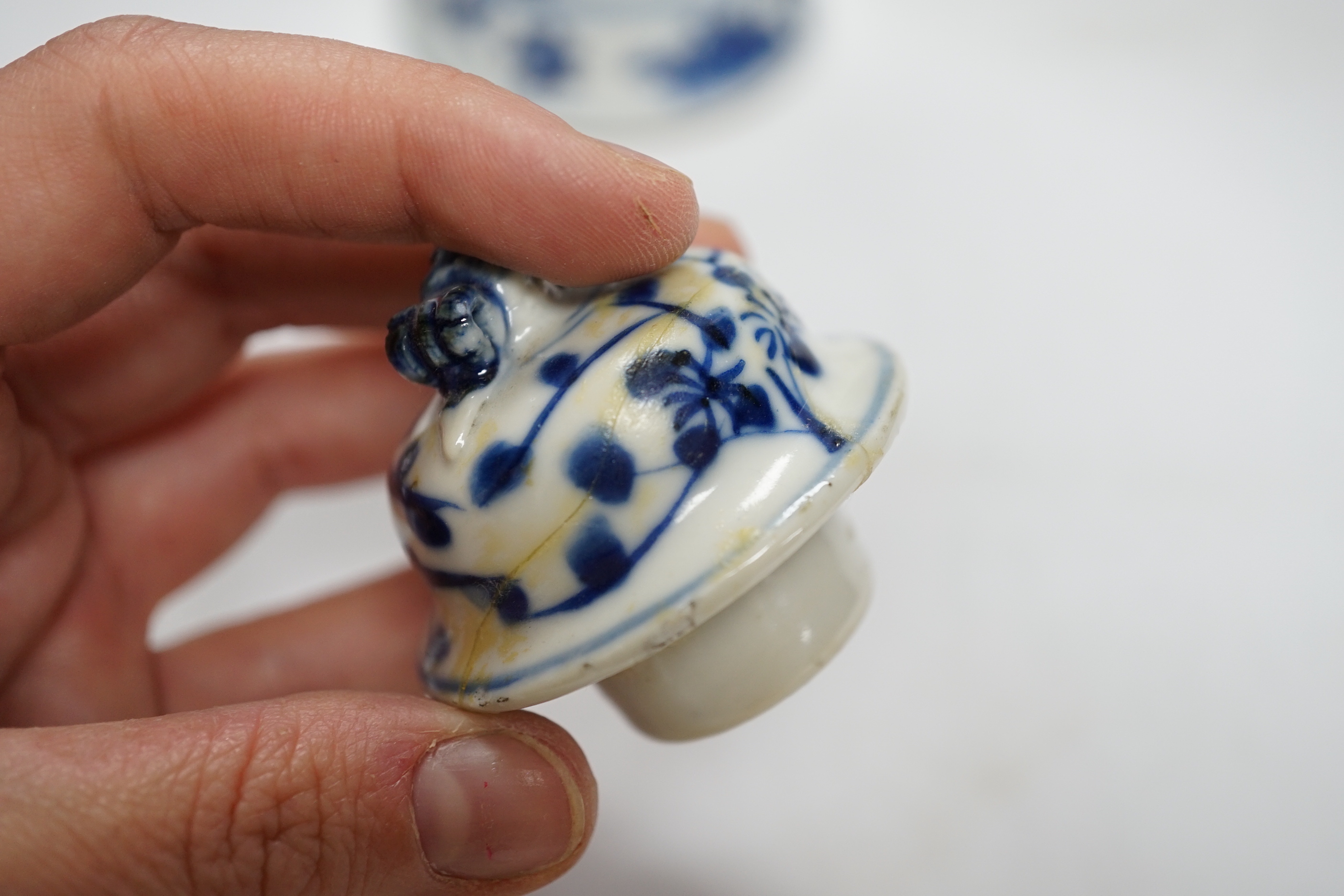 A late 19th century Chinese blue and white twin elephant head handle vase and five other 19th century Chinese blue and white vases, tallest 26cm